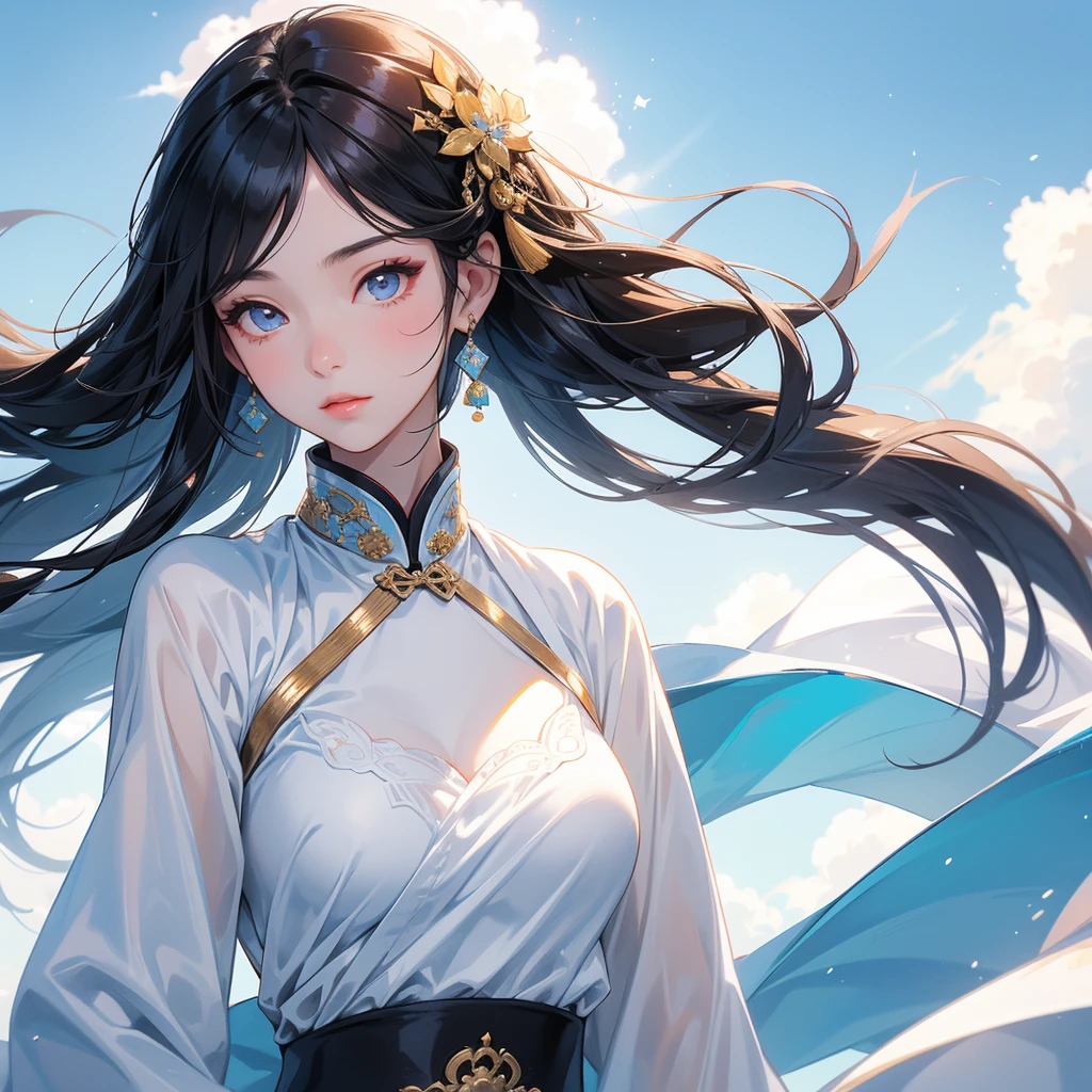A beautiful girl with black long hair, wear white ancient chinese clothes, with the sun shining on her face, close up.

Background is a blue sky, with low floating blue clouds all over the area