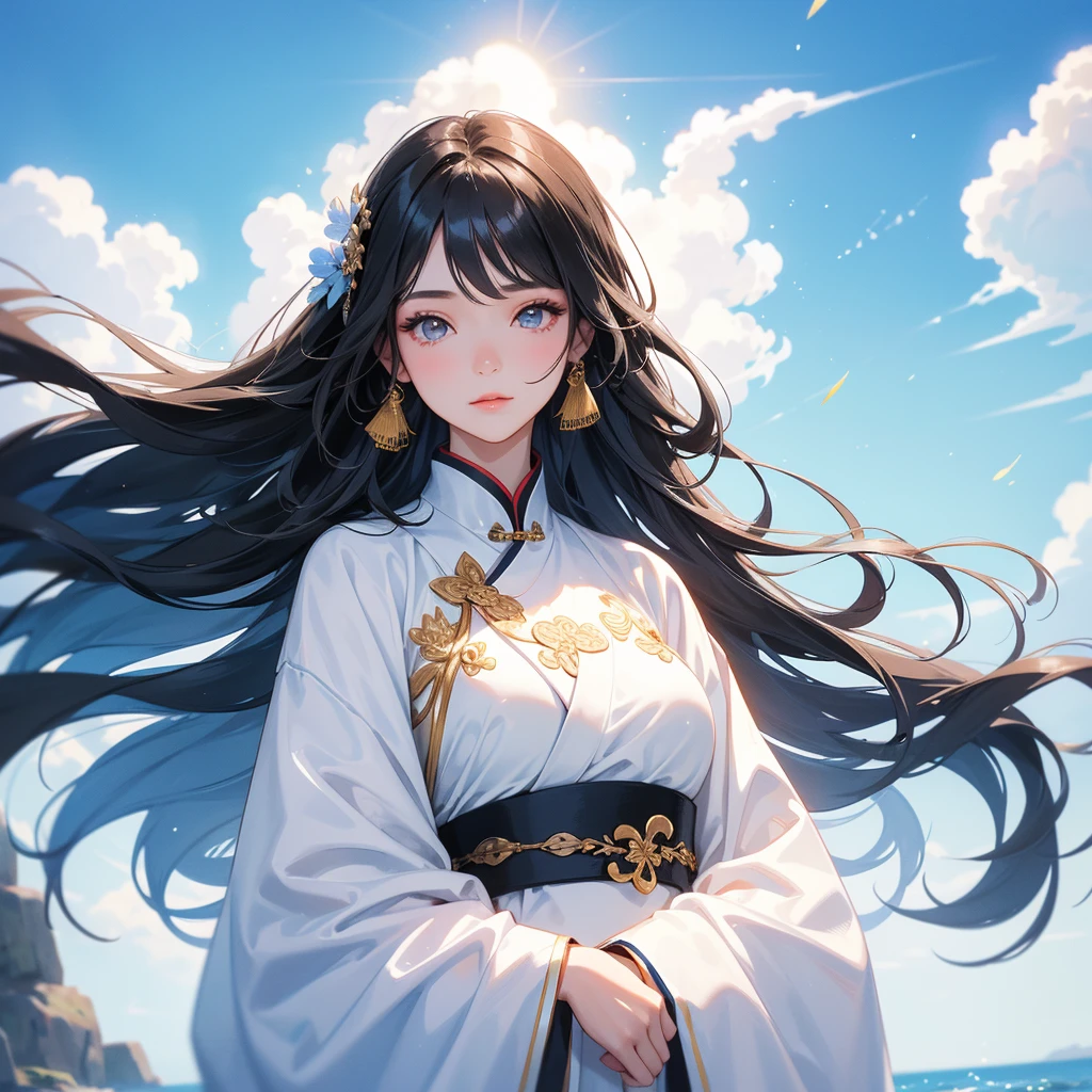 A beautiful girl with black long hair, wear white ancient chinese clothes, with the sun shining on her face, close up.
Background is a blue sky, with low floating blue clouds all over the area