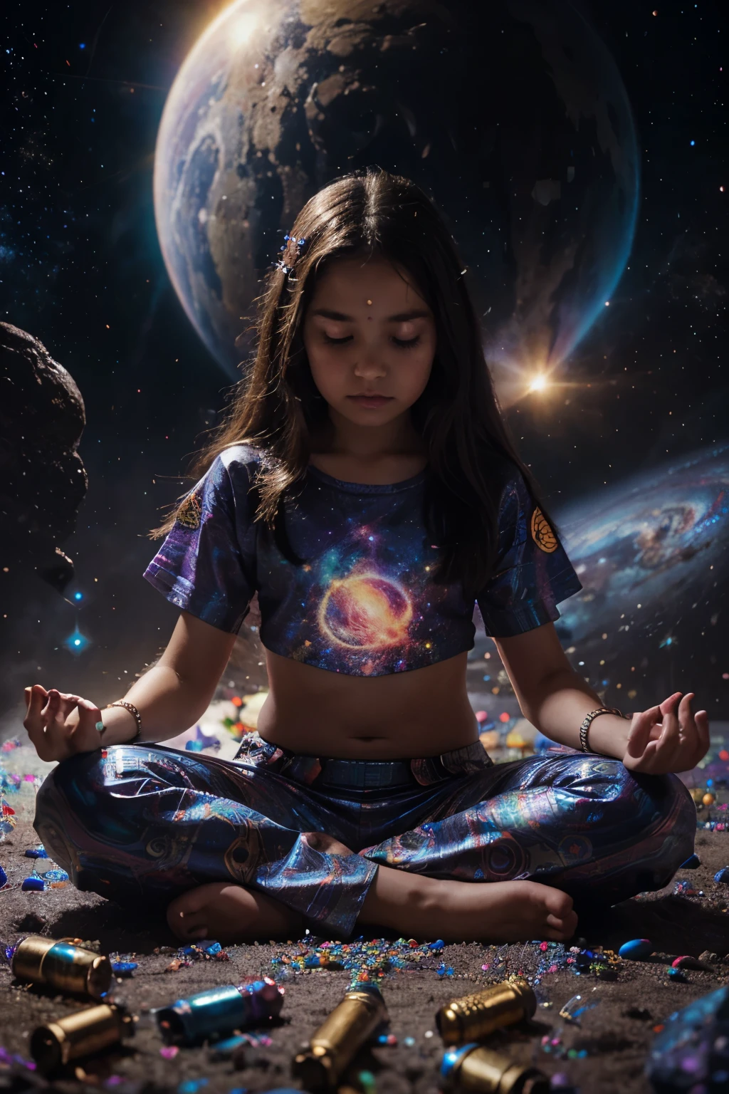 Super detailed, psychedelic, cosmic galaxy, ecstacy pill, child meditating