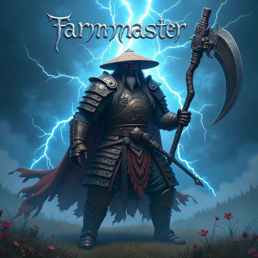"Créez une image réaliste et intense comme une photo d'un guerrier nommé FarmMasteR, avec un chapeau de paille. Le guerrier doit tenir une grande faux, représentant son expérience agricole. Le personnage doit être vêtu d'une armure médiévale de samouraï reflétant la lumière, il est affûté avec une présence unique et effrayante. Des éclair tournent autour de lui comme une aura. L'arrière-plan doit représenter un monde psionique avec des tons bleus, rempli d'éclair, dans un atmosphère intense. être dramatique, en soulignant l'apparence puissante et unique de FarmMasteR. Le nom « FarmMasteR » doit être affiché dans le fond de l'image dans une police gothique