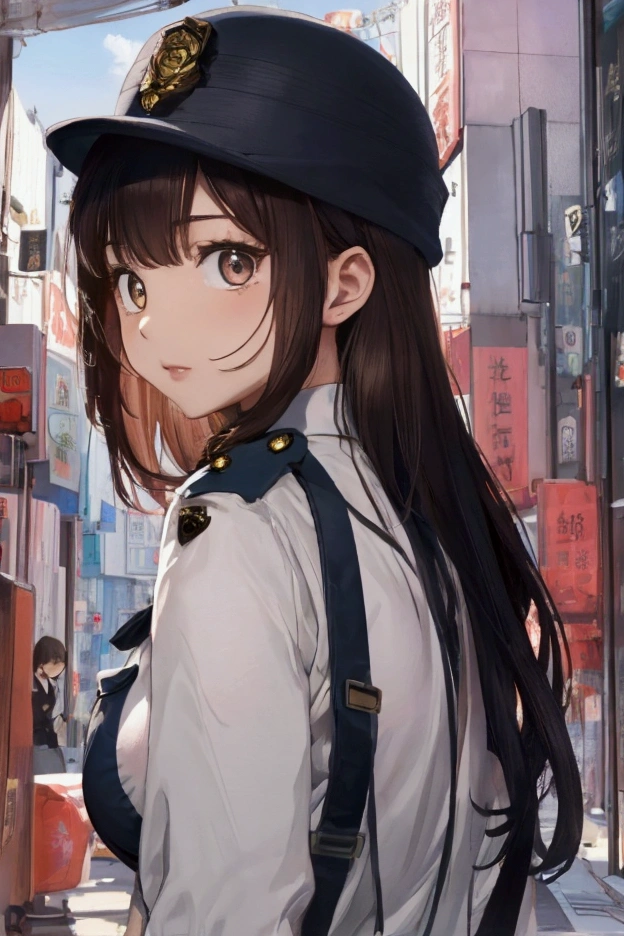 (ultra highres、ultra quality、Masterpiece、8k、),A girl with light hair drawn in high resolution policewoman.japannse police woman、Young and cute 、Asian woman,s hot, Japanese Model, Cute Core, , Chubby 、(big breast)、Town、White blouse