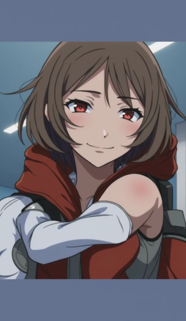female spy in white and red combat uniform, sleepy, rainbow short hair, looking at the viewer,