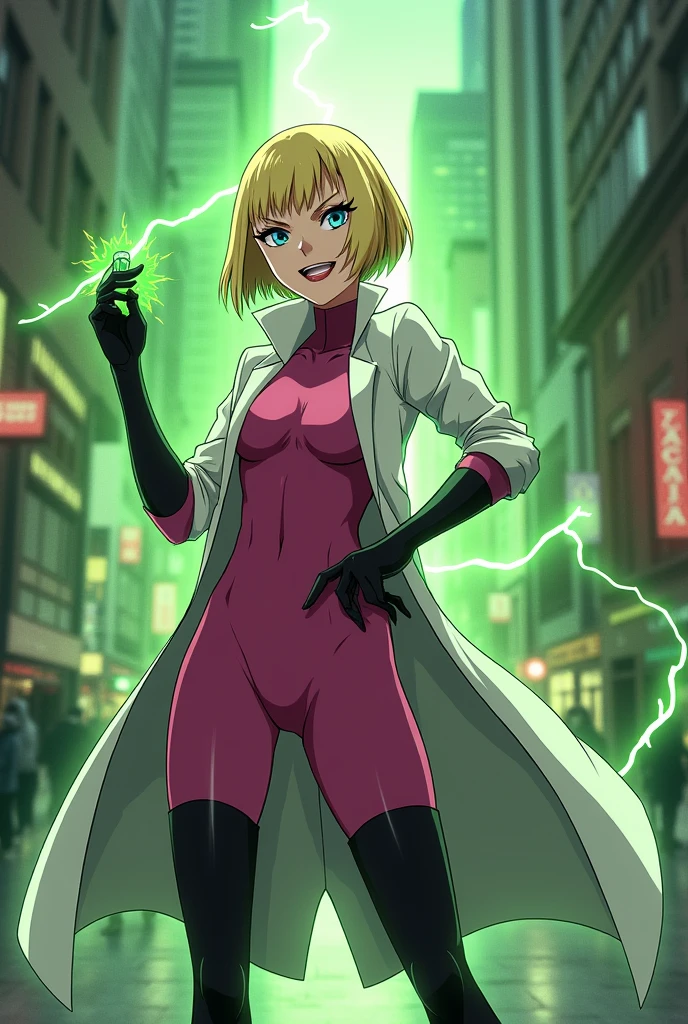Anime style, Sultry and Beautiful young woman with a soul of pure evil and hatred. Short blonde hair that covers her left eye and blue eyed supervillain dressed in a sleek skintight pink bodysuit, long black gloves and black calf high boots. A long white lab coat over her bodysuit competes the look.  She is posing and emanating green energy. She has a smile crossing her thin red lips. The setting is a crowded city. She is throwing a vial of green liquid at a costumed hero.