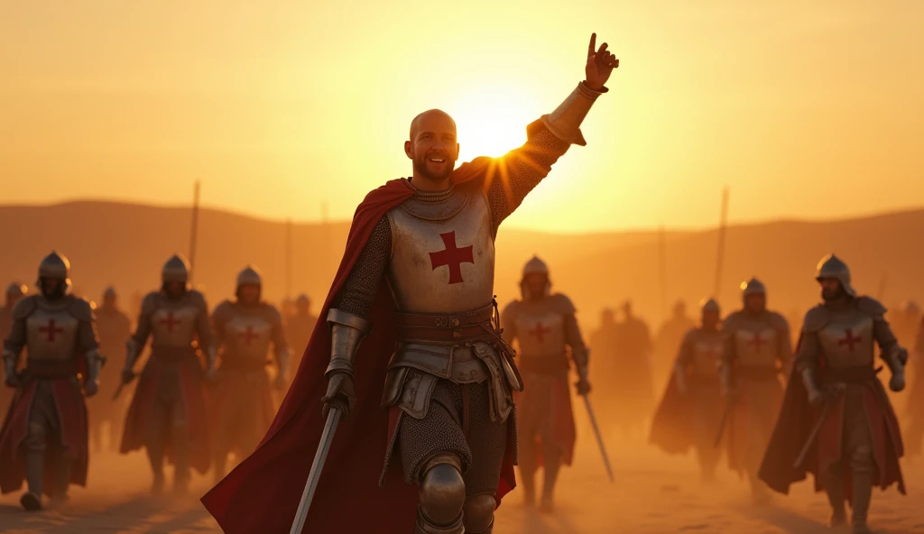 A highly realistic, high-contrast, 8K HD, detailed, hyper-detailed image of a Crusader protagonist on a desert battlefield at sunrise, letting out a powerful battle cry to rally his fellow Crusaders. The scene is set in the early morning as the sun begins to rise, casting warm golden light across the vast, sandy landscape. The protagonist, clad in steel armor with a red cross emblem on his tunic, stands at the center of the image, his face filled with determination and resolve. His arm is raised, sword in hand, as he calls out to his comrades, inspiring them to fight with renewed vigor. The surrounding Crusaders are in various states of readiness, responding to his call, but the focus remains on the protagonist. The scene is filled with energy and intensity, capturing the dramatic moment as the dawn light illuminates the battlefield. The image is of the highest quality, with ultra-high resolution, RAW photo quality, and Unreal Engine rendering, highlighting the heroism and leadership of the Crusader as he motivates his allies.