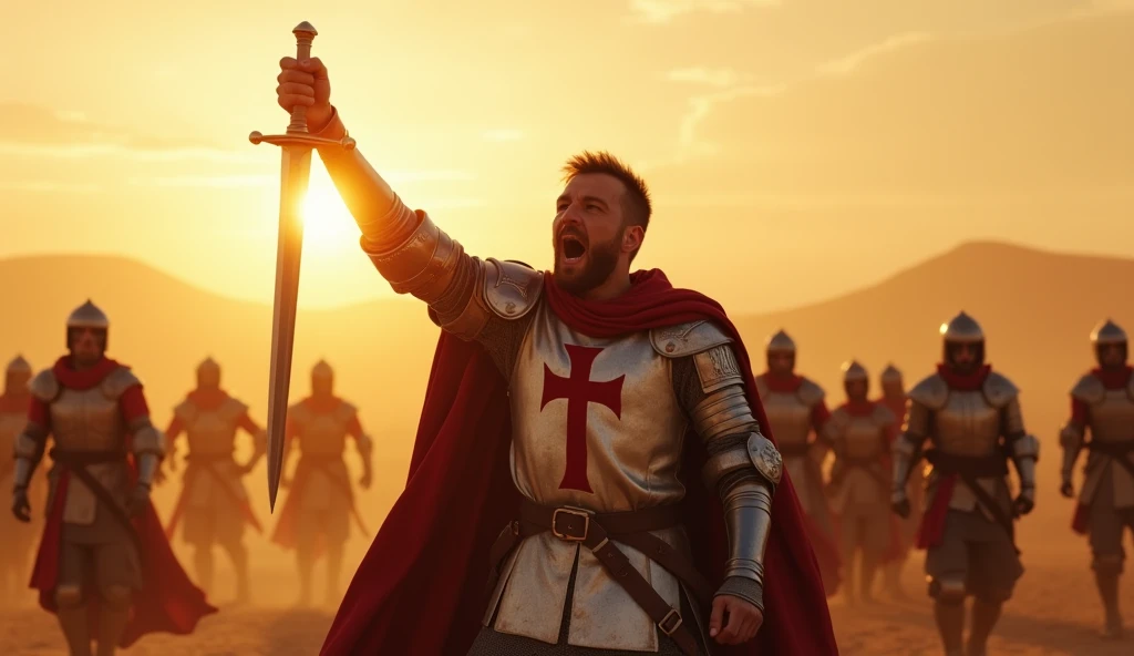 A highly realistic, high-contrast, 8K HD, detailed, hyper-detailed image of a Crusader protagonist on a desert battlefield at sunrise, letting out a powerful battle cry to rally his fellow Crusaders. The scene is set in the early morning as the sun begins to rise, casting warm golden light across the vast, sandy landscape. The protagonist, clad in steel armor with a red cross emblem on his tunic, stands at the center of the image, his face filled with determination and resolve. His arm is raised, sword in hand, as he calls out to his comrades, inspiring them to fight with renewed vigor. The surrounding Crusaders are in various states of readiness, responding to his call, but the focus remains on the protagonist. The scene is filled with energy and intensity, capturing the dramatic moment as the dawn light illuminates the battlefield. The image is of the highest quality, with ultra-high resolution, RAW photo quality, and Unreal Engine rendering, highlighting the heroism and leadership of the Crusader as he motivates his allies.