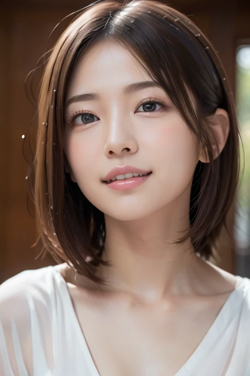 High-quality, ultra-realistic portraits。Her skin is pure and translucent white.、It has a natural shでe。Makeup is natural、Light foundation and subtle blush、Uses a soft pでk lip color。The lighting is soft and natural.、Accentuatでg facial features、Do not emphasize shadows。The background is simple and has a blurred gradient.、Focus on the face。