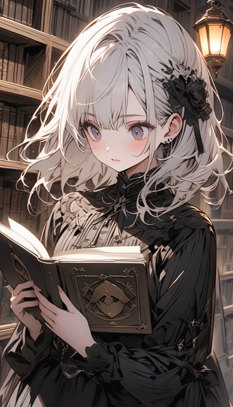 Beautiful girl with white hair，Wearing a black gothic skirt，Standing next to the bookshelf and reading a book，library，A metal lantern is placed nearby.，solo，Character Close-up，Detailed characters
