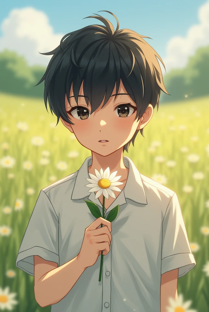 1boy, male focus, solo, shirt, flower, outdoors, black hair, looking at viewer, white shirt, upper body, day, collared shirt, realistic, blurry background, short sleeves, black eyes, short hair, white flower, flower field, grass, lips, nature,18years