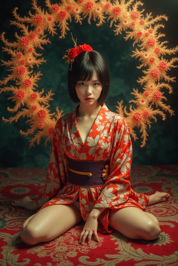 (Masseter muscle film、top quality、Ukiyo-e style、mystery、Exquisite and beautiful、official art、Sharaku:1.2)、(1 girl in:1.3)、(Fractal art:1.3)、cowboy shooting、fair skin、(beautiful brunette、kimono:1.2)、Set against the backdrop of traditional Japanese performing arts、colorful、(reel、Belongs to Japanese style:1.2)、skin glowing、spread your legs，Camel toe showing thigh!!!、