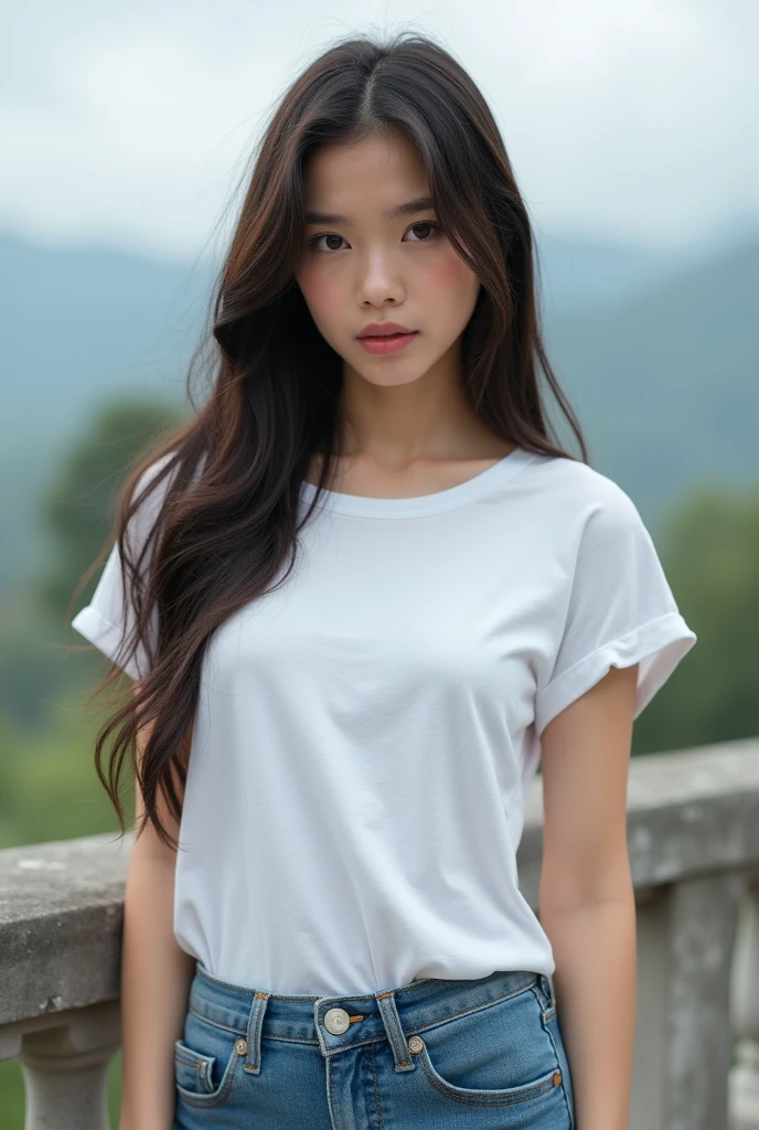 Thai girl, white tshirt and blue jeans , look at viewer, long heavy hair ,bright skin , innocent face , perfect body shape , outside cloudy day ,standing position,