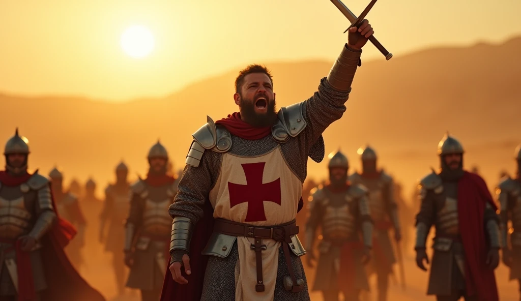 A highly realistic, high-contrast, 8K HD, detailed, hyper-detailed image of a Crusader protagonist on a desert battlefield at sunrise, letting out a powerful battle cry to rally his fellow Crusaders. The scene is set in the early morning as the sun begins to rise, casting warm golden light across the vast, sandy landscape. The protagonist, clad in steel armor with a prominent red cross emblem on his chest, stands at the center of the image, his face filled with determination and resolve. His arm is raised, sword in hand, as he calls out to his comrades, inspiring them to fight with renewed vigor. The surrounding Crusaders are in various states of readiness, responding to his call, but the focus remains on the protagonist. The scene is filled with energy and intensity, capturing the dramatic moment as the dawn light illuminates the battlefield. The image is of the highest quality, with ultra-high resolution, RAW photo quality, and Unreal Engine rendering, highlighting the heroism and leadership of the Crusader as he motivates his allies.