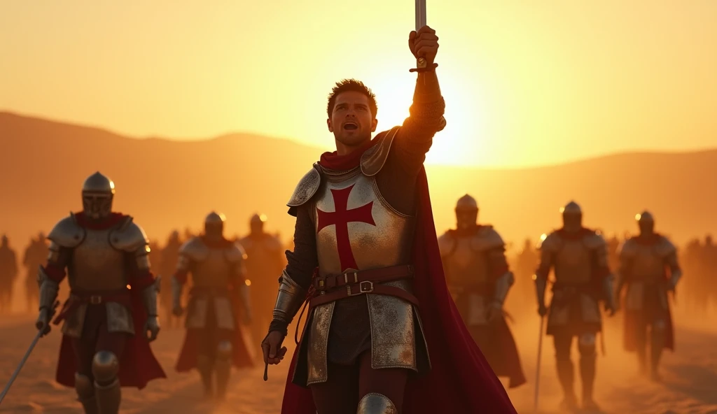 A highly realistic, high-contrast, 8K HD, detailed, hyper-detailed image of a Crusader protagonist on a desert battlefield at sunrise, letting out a powerful battle cry to rally his fellow Crusaders. The scene is set in the early morning as the sun begins to rise, casting warm golden light across the vast, sandy landscape. The protagonist, clad in steel armor with a prominent red cross emblem on his chest, stands at the center of the image, his face filled with determination and resolve. His arm is raised, sword in hand, as he calls out to his comrades, inspiring them to fight with renewed vigor. The surrounding Crusaders are in various states of readiness, responding to his call, but the focus remains on the protagonist. The scene is filled with energy and intensity, capturing the dramatic moment as the dawn light illuminates the battlefield. The image is of the highest quality, with ultra-high resolution, RAW photo quality, and Unreal Engine rendering, highlighting the heroism and leadership of the Crusader as he motivates his allies.