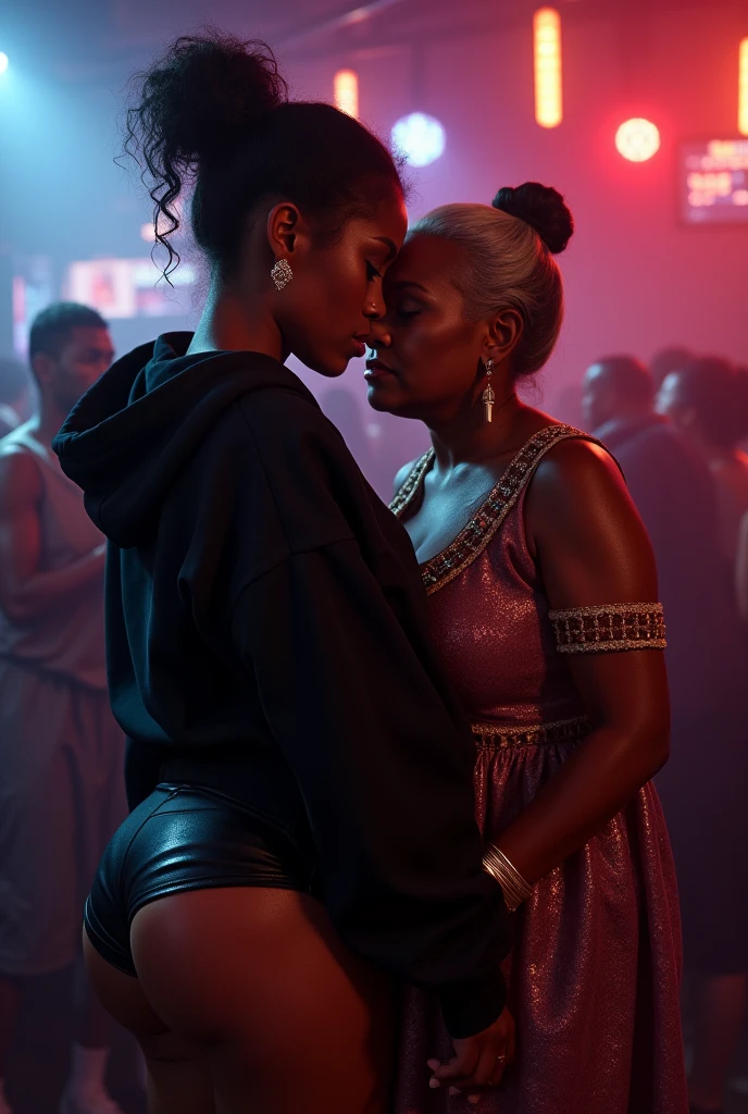 black woman hair in a bun black hoodie black leather short shorts a old grandma in a dress  kissing her ass behind her squeezing her sexy ass                                 in a club