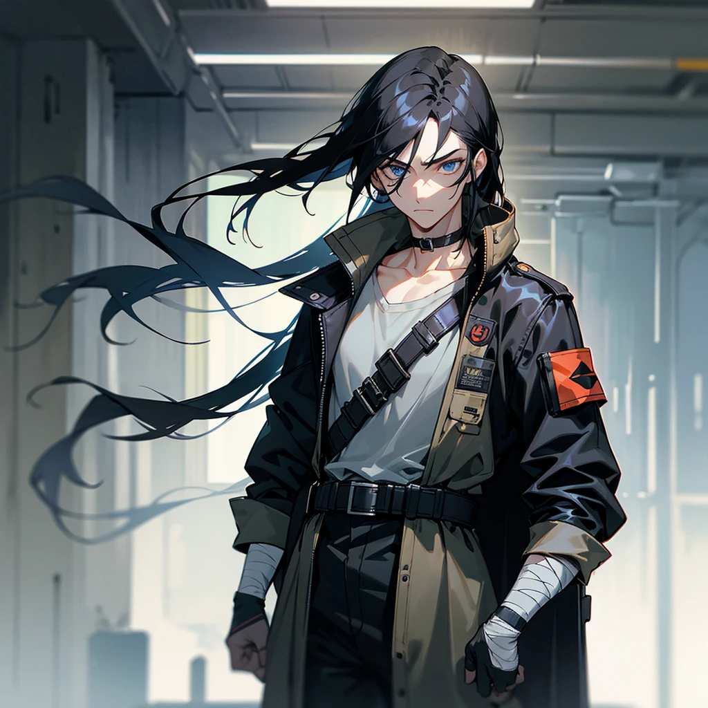 black hair, long hair, straight hair, male, man, blue eyes, tall, wiry, jacket, choker, armband, long boots, belt, waist pouch, with a black bandage, delicate facial features, toned, cyberpunk, inside, in the subway, determined, half body photo, upper body, face
