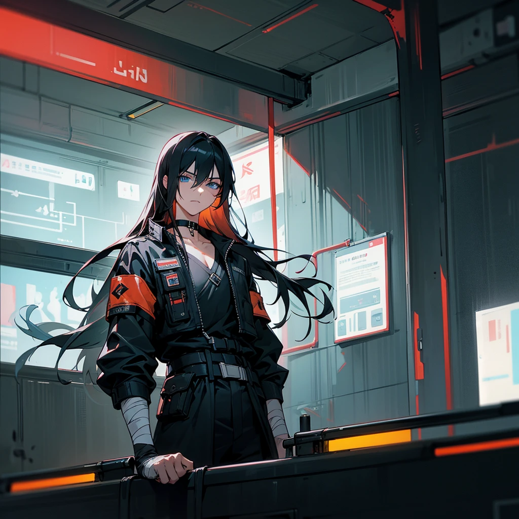 black hair, long hair, straight hair, male, man, blue eyes, tall, wiry, jacket, choker, armband, long boots, belt, waist pouch, with a black bandage, delicate facial features, toned, cyberpunk, inside, in the subway, determined, half body photo, upper body, face