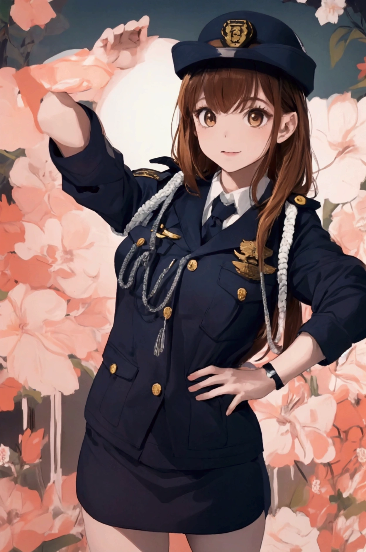 (ultra highres、ultra quality、Masterpiece、8k),A girl with light hair drawn in high resolution policewoman.japannse police woman、Young and cute 、Asian woman,s hot, Japanese Model, Cute Core, Chubby、wear a hat 、big breast、Town、White blouse