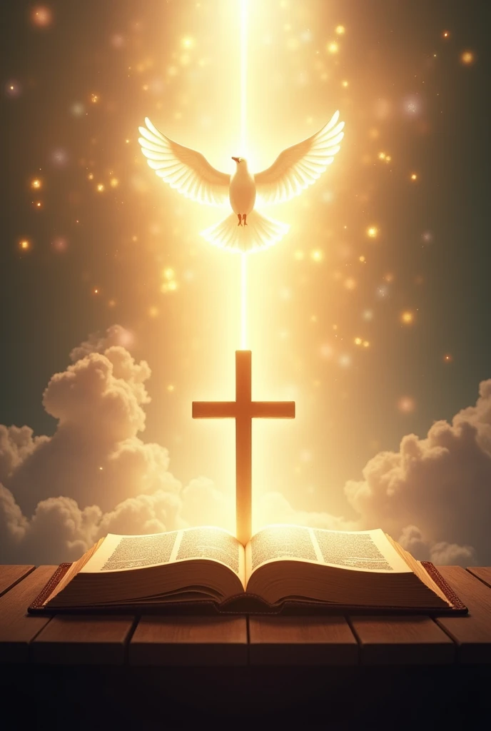 Bright Light shone from Bible with the cross in the middle and holy spirit on top of the cross like a dove and write "Light Walker's church" at the bottom, heavenly background