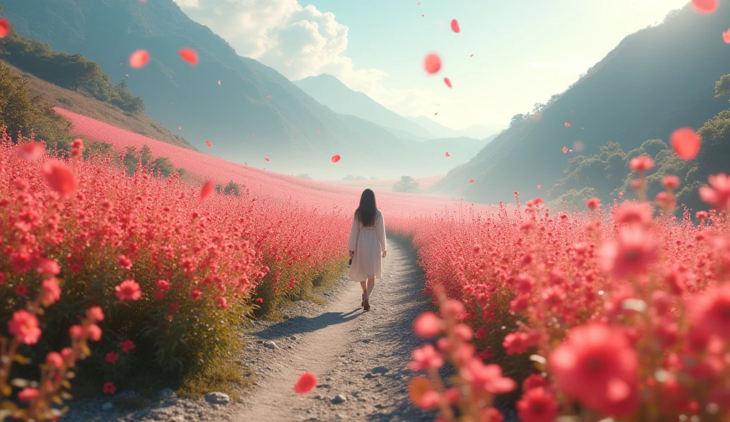imagine a graceful journey back home, surreal, fantasy, peaceful morning, sea of equinox "higanbana" in front, peaceful life of hope, photorealisic