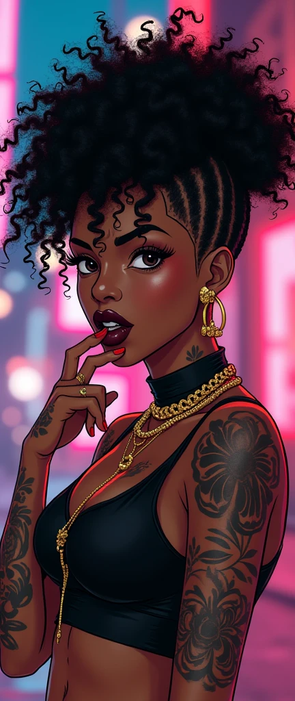 anime 2d vintage classic retro vivid edgy cyberpunk 80s style anime dark black African Caribbean chick with curly hair and buzzcut fades glossy black lipstick and tongue out taunting deadpan disgusted smirk tattoos rap gestures serious demeanour disgusted