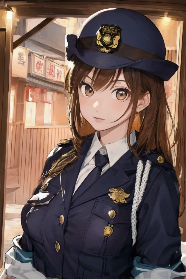 (ultra highres、ultra quality、Masterpiece、8k),A girl with light  hair drawn in high resolution policewoman.japannse police woman、Young and cute 、Asian woman,s hot, Japanese Model, Cute Core,   Chubby、wear a hat 、big breast、Town、White blouse