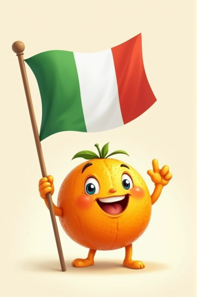 Create a cartoon orange holding the Italian flag in its hand
