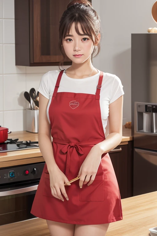 Ultra-Real 8K, Super detailed,(Highest quality digital illustrations、Fine skin、Troubled face、Mini apron、kitchen)