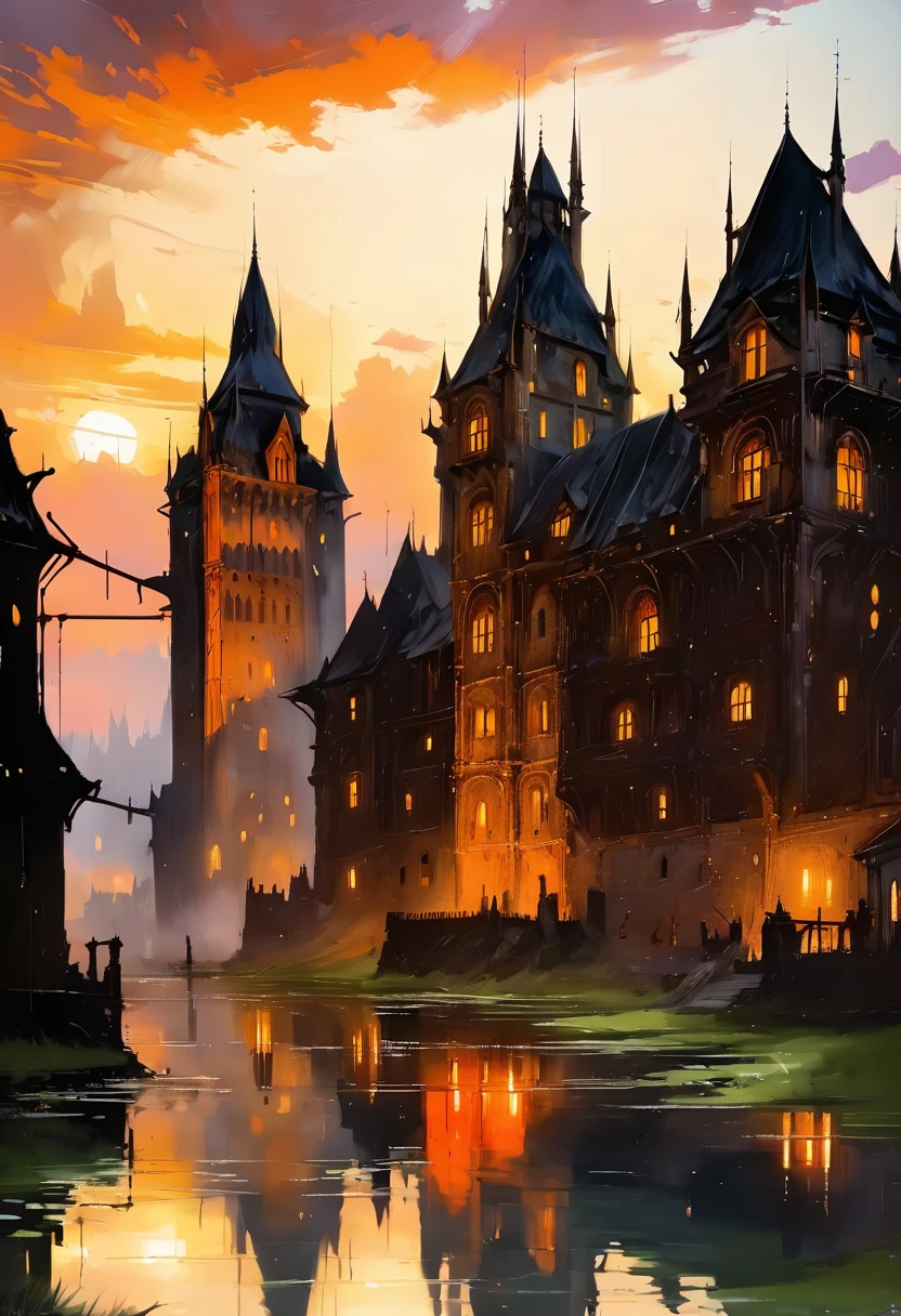 masterpiece,high resolution,best composition,cinema style,summer landscape,medieval european castle,sunset over the spires,reflection of the castle in the pond,orange clouds,dynamic and breathtaking,fantastic,peaceful and beautiful scenery.