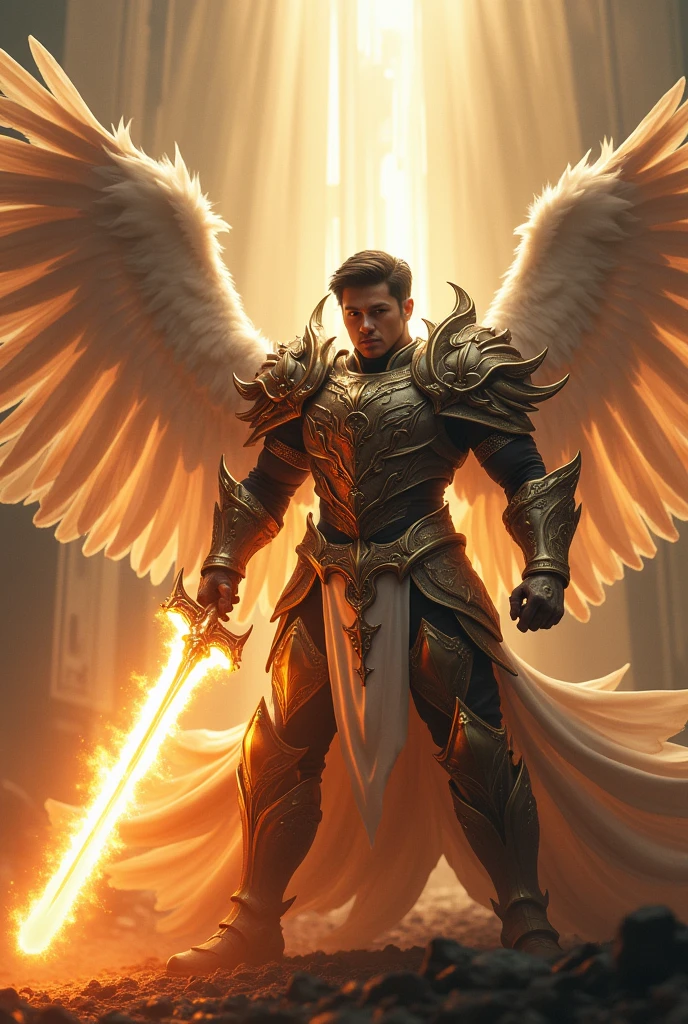 masterpiece, best quality, realistic, ultra detailed, movie poster style, dungeons and dragons character design, celestial, bruneian man with round face, muscular, stylish dark hair, majestic white angel wings, homoerotic heavy armor, swooping towards camera, dramatic slashing with powerful flaming sword towards camera, god rays, extremely dramatic lighting, perfect fingers, perfect hands, perfection