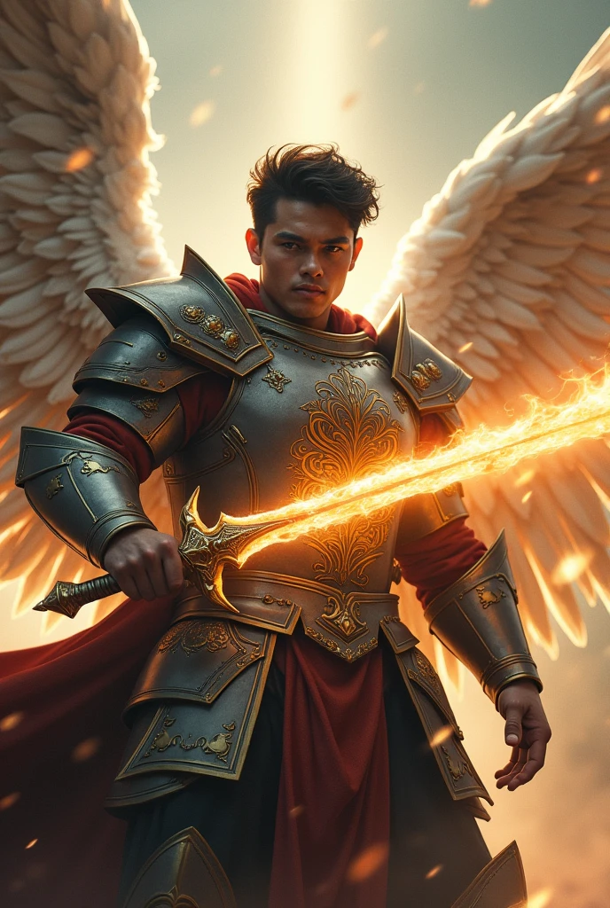 masterpiece, best quality, realistic, ultra detailed, movie poster style, dungeons and dragons character design, celestial, bruneian man with round face, muscular, stylish dark hair, majestic white angel wings, homoerotic heavy armor, swooping towards camera, dramatic slashing with powerful flaming sword towards camera, god rays, extremely dramatic lighting, perfect fingers, perfect hands, perfection