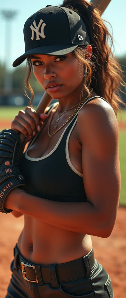 assertive woman,militant female,tank top,baseball wear,hip hop motifs,swaggerly playing baseball,baseball bat,pitcher glove,field course,rap gestures,detailed portrait,beautiful detailed eyes,beautiful detailed lips,extremely detailed face,long eyelashes,photorealistic,hyper detailed,ultra realistic,8k,masterpiece,cinematic lighting,dramatic shadows,vivid colors,bold colors,gritty,urban,edgy,powerful