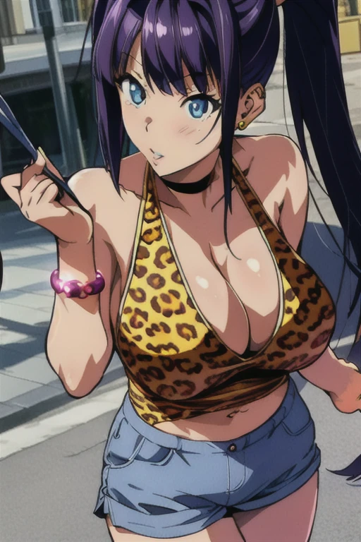 perfect eyes:1.2, detailed eyes:1.4, skindentation, cowboy shot, leopard printed Tank top open navel,Short pants, Blue eyes, Purple hair, ((blunt bangs)), twin tail,Bare neck, 20yo, Young female, Beautiful Finger, Beautiful long legs, Beautiful body, Beautiful Nose, Beautiful character design, perfect balance, 1girl, solo, (masterpiece:1.6, best quality), 8k, insane details, intricate details, hyperdetailed, hyper quality, high detail, ultra detailed, professional, HDR, ray tracing reflection, cinematic lighting,Cleavage,Busty,Big breast,ear piercing,Love shaped necklace,Half eyes open,Eyeshadow,Thick lips,Leopard print panty,Bracelet,Long nail,Ring,black color Chocker,Gyaru,Solid heart shaped earring,outside,((Leopard print purse bag)),1hand on hips,Face fully viewed,view from afar,Walking in the street with many people checking on her