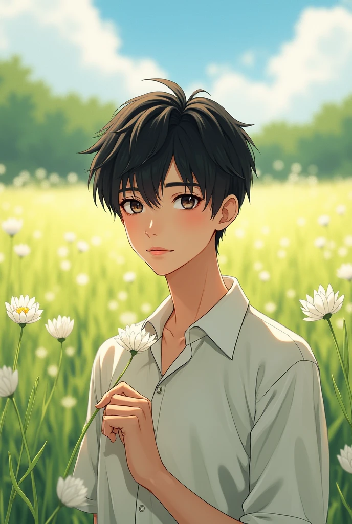 1boy, male focus, solo, shirt, flower, outdoors, black hair, looking at viewer, white shirt, upper body, day, collared shirt, realistic, blurry background, short sleeves, black eyes, short hair, white flower, flower field, grass, lips, nature,18years