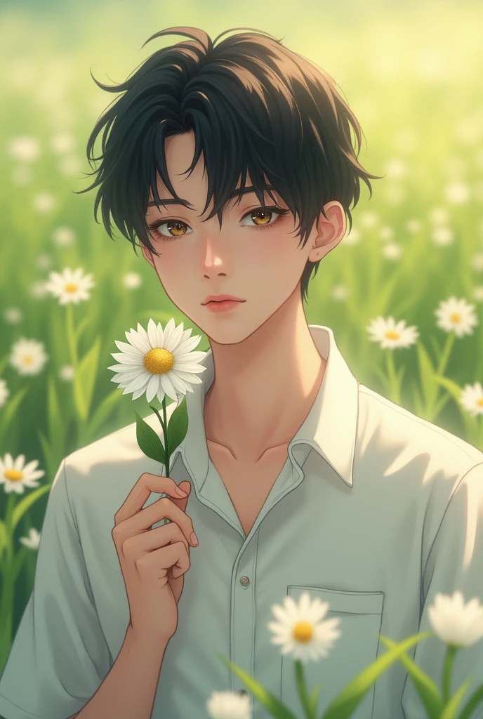1boy, male focus, solo, shirt, flower, outdoors, black hair, looking at viewer, white shirt, upper body, day, collared shirt, realistic, blurry background, short sleeves, black eyes, short hair, white flower, flower field, grass, lips, nature,18years