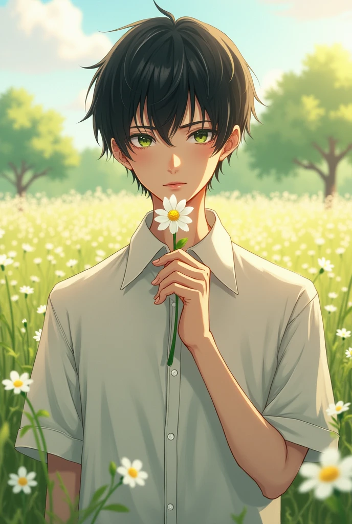 1boy, male focus, solo, shirt, flower, outdoors, black hair, looking at viewer, white shirt, upper body, day, collared shirt, realistic, blurry background, short sleeves, black eyes, short hair, white flower, flower field, grass, lips, nature,18years