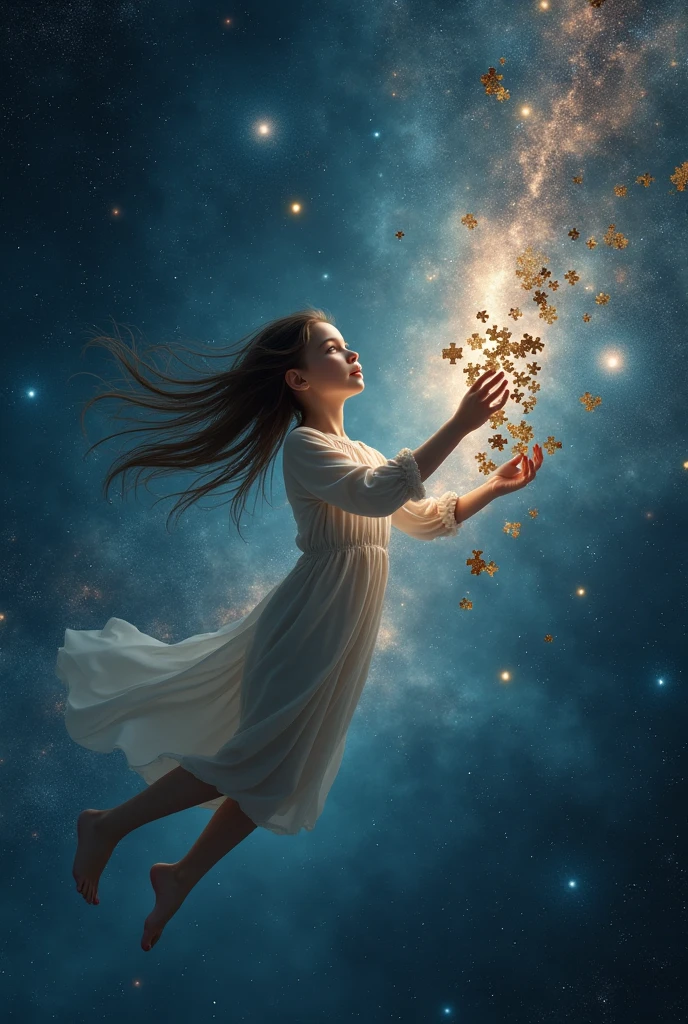 Floating Girl into space playing Puzzle