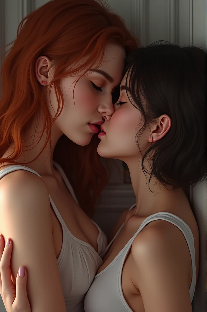 Nude Portrait, Oil Painting, Modern, Realistic proportions, lush lips, Blue eyes, Beautiful hair, Beautiful face, Symmetrical face, Symmetrical eyes, Dynamic Pose, Convoluted, Intricate details, Sharp Focus, ((Full body view in frame from head to toe), (2girls, the kiss:1.2)