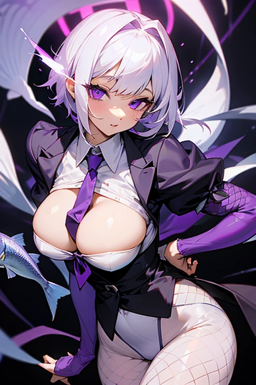 Purple Eyes、White Hair、tie、White and purple clothes、Fishnet tights、Shortcuts、Large breasts、tie、sexy