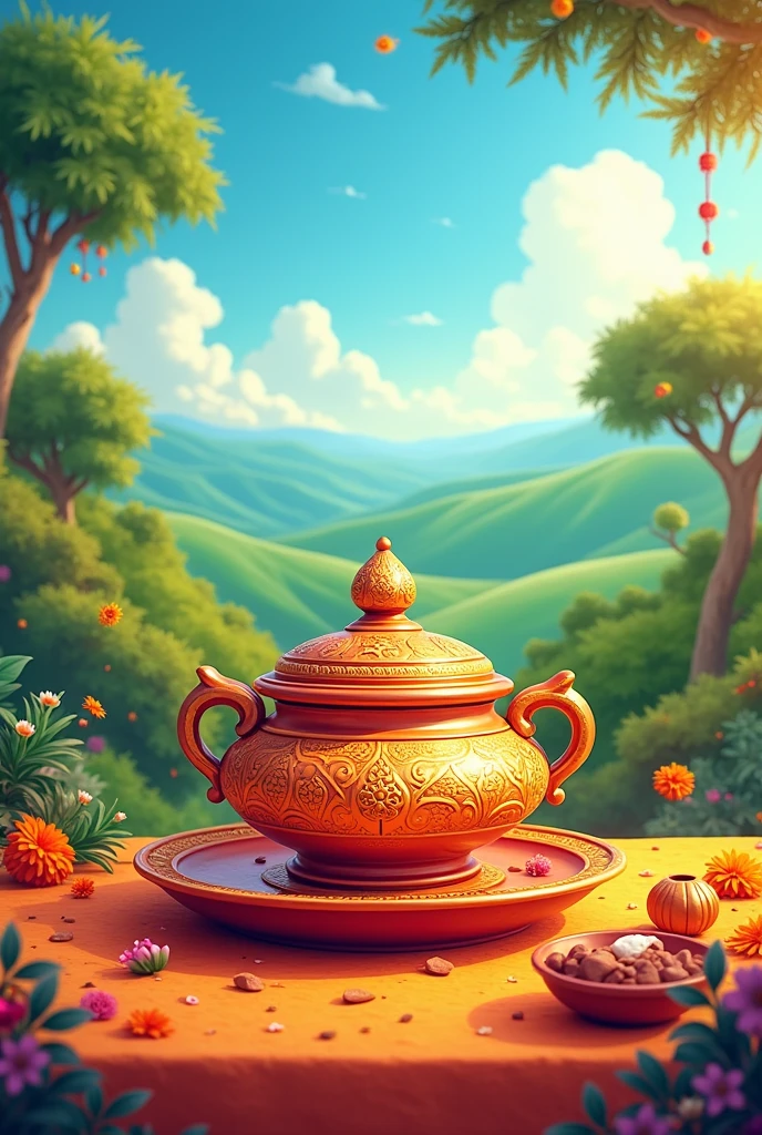 Create a image krishna janmashtmi theme background and a Indian style makkhan mutki made of varias India languages