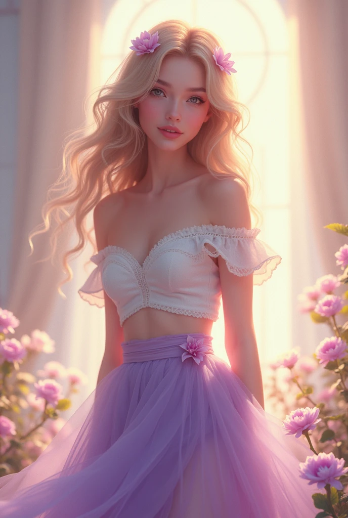 Beautiful Girl，sweet，whole body，High heel，Off-shoulder，Purple skirt，Lace，Flowers