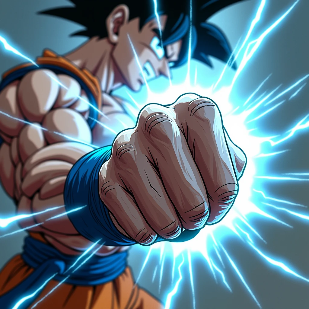 Super close-up of Son Goku&#39;s hand\(Dragon Ball\(manga\), Muscular,shout,anger\) ,Kame-senryu pose, Shoots beams from hands,Realistic art style, Generate hands only, Action movie screenshots,Focus on the hands