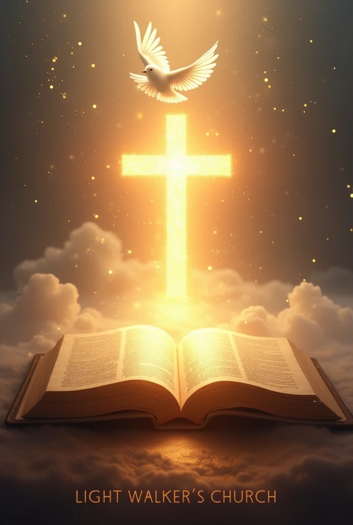 Bright Light shone from Bible with the cross in the middle and holy spirit on top of the cross like a dove, and write "Light Walker's church" at the bottom, heavenly background