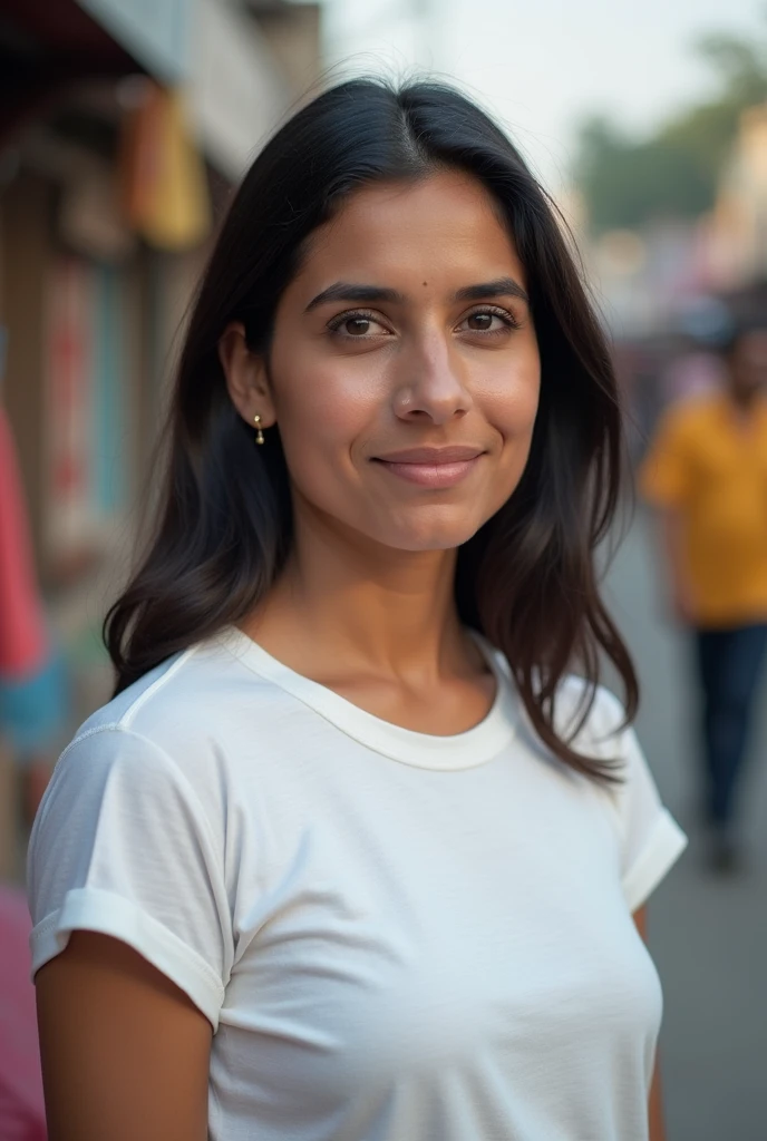 Real Kashmiri Indian  aunty  age 30 in white t shirt weight 55 kg with cubby chicks dimple chin smoothy hair on Indian street 