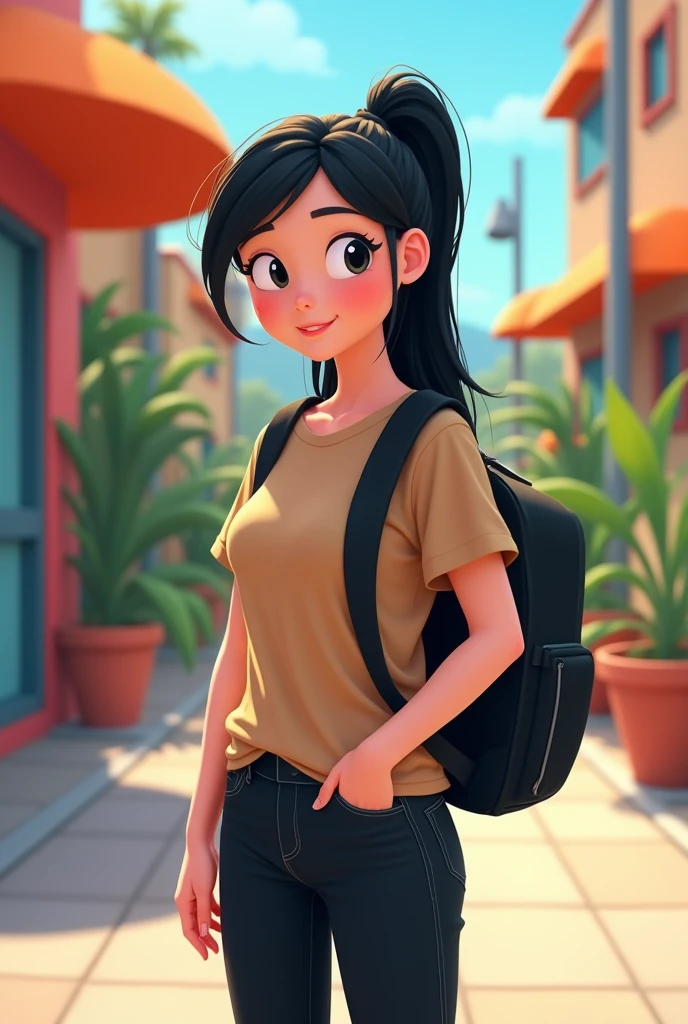 create a college girl that wears light brown tshirt and black pants with black school bag she has black hair also. Adopt the design in nickelodeon. Her hair is tied up