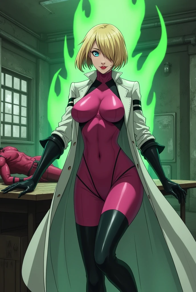 Anime style, Sultry and Beautiful young woman with a soul of pure evil and hatred. Short blonde hair that covers her left eye and blue eyed supervillain dressed in a sleek skintight pink bodysuit, long black gloves and black calf high boots. A long white lab coat over her bodysuit competes the look.  She is posing and emanating green energy. She has a smile crossing her thin red lips. The setting is a dirty laboratory with a captured costumed hero securedto a table. 