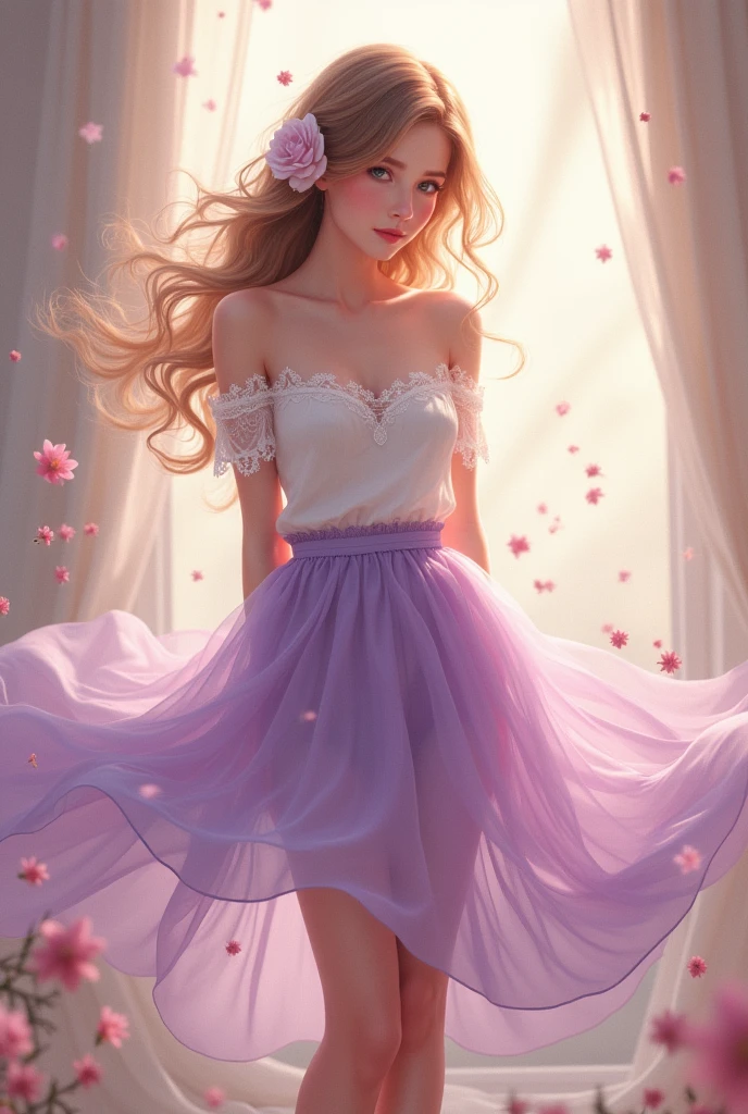 Beautiful Girl,sweet,whole body,High heel,Off-shoulder,Purple skirt,Lace,Flowers