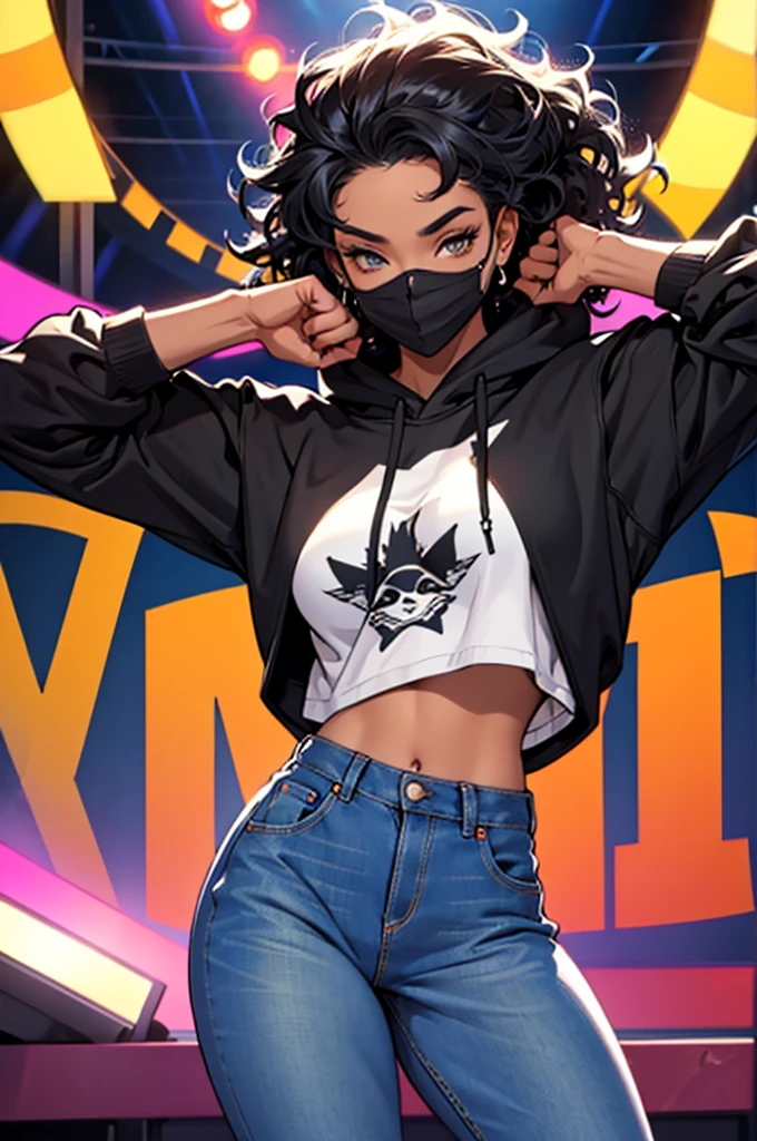 "A beautiful and confident Black woman dancing energetically to 'Billie Jean'. She is wearing stylish denim jeans and a casual hoodie, and she has a mask on her face. The background is simple, emphasizing her dance moves. The woman has curly hair that bounces with her movements, and her expression is joyful and lively. The image captures her mid-dance, with one foot slightly raised, mimicking a famous Michael Jackson pose, showing a sense of rhythm and passion in her dance.