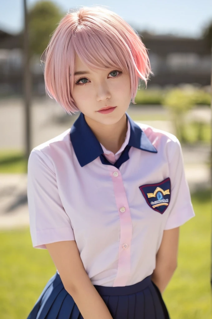 photo, (school uniform:1.4), (schoolyard:1.2), a photorealistic portrait of a stunningly beautiful woman with detailed make-up, extremely detailed eyes, detailed symmetric realistic face, extremely detailed natural texture, messy hair, masterpiece, extremely detailed, (school uniform:1.3), (schoolyard:1.5), amazing, fine detail, rich colors, hyper realistic lifelike texture, dramatic lighting, trending on artstation, looking at the viewer, photo realistic, RAW photo, ((pink hair:1.4)), (short hair:1.8), high quality, sharp focus, extremely detailed, cinematic lighting, 8k uhd, ab, Best quality, masterpiece, ultra high res, (photorealistic:1.4), 1girl, shiny skin, Best quality, masterpiece, ultra high res, (photorealistic:1.4), 1girl, deep shadow, shiny skin, Gorgeous 22-year-old girl, short bangs, soft pale skin, blue eyes