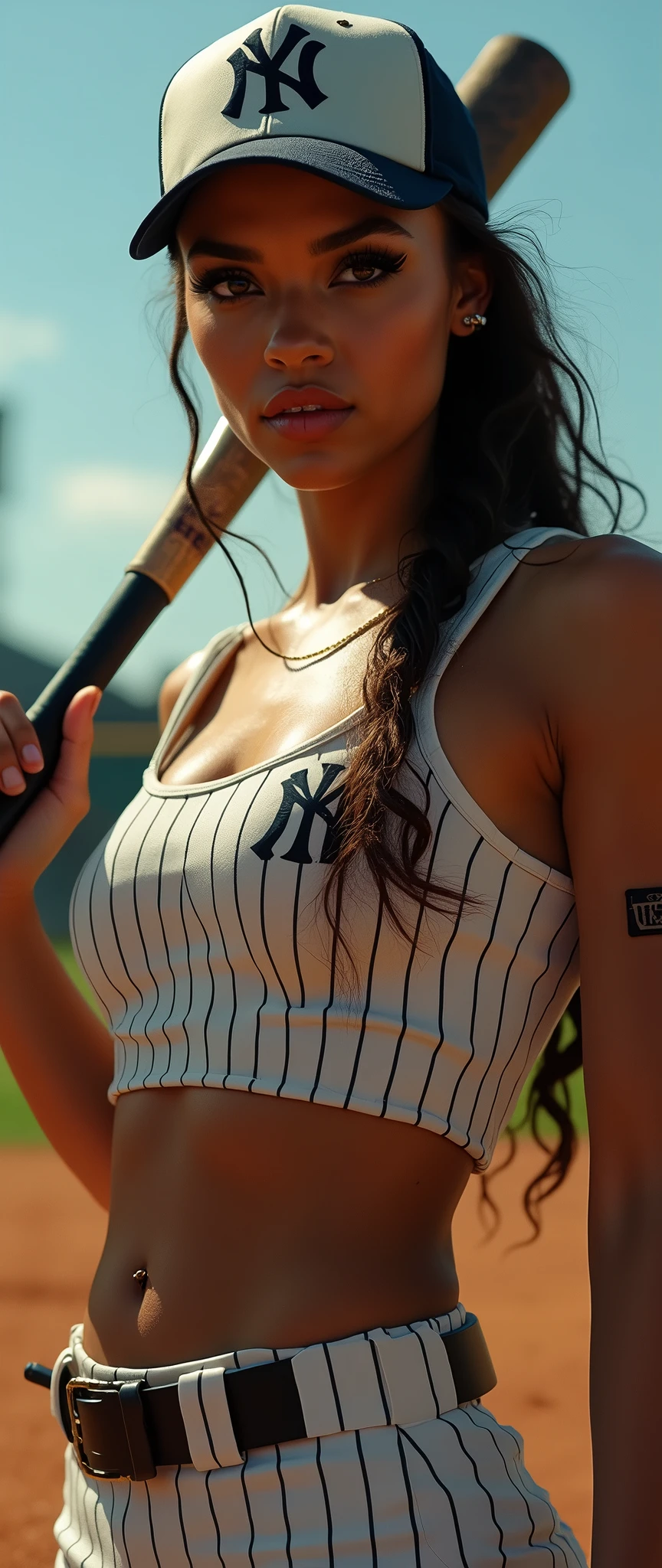 assertive woman,militant female,tank top,baseball wear,hip hop motifs,swaggerly playing baseball,baseball bat,pitcher glove,field course,rap gestures,detailed portrait,beautiful detailed eyes,beautiful detailed lips,extremely detailed face,long eyelashes,photorealistic,hyper detailed,ultra realistic,8k,masterpiece,cinematic lighting,dramatic shadows,vivid colors,bold colors,gritty,urban,edgy,powerful