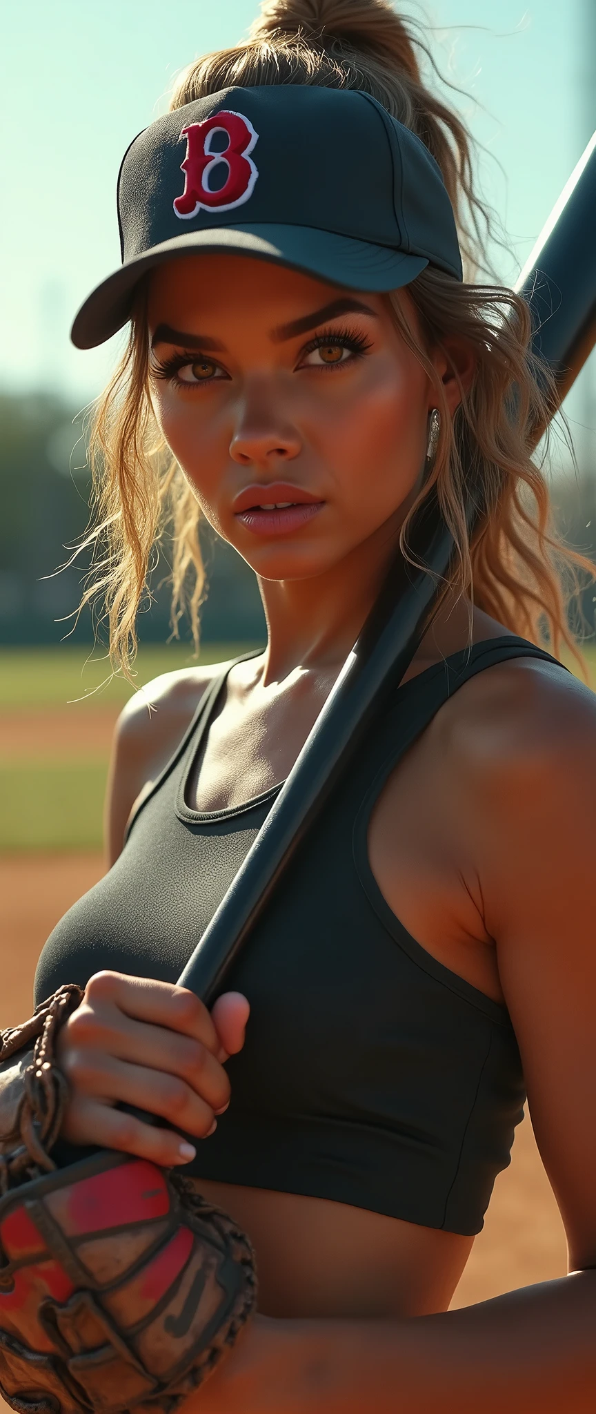 assertive woman,militant female,tank top,baseball wear,hip hop motifs,swaggerly playing baseball,baseball bat,pitcher glove,field course,rap gestures,detailed portrait,beautiful detailed eyes,beautiful detailed lips,extremely detailed face,long eyelashes,photorealistic,hyper detailed,ultra realistic,8k,masterpiece,cinematic lighting,dramatic shadows,vivid colors,bold colors,gritty,urban,edgy,powerful