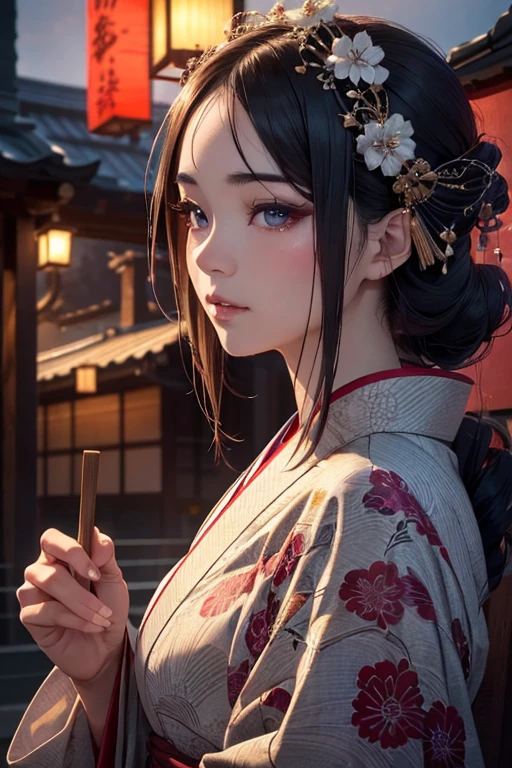 a beautiful japanese girl with an upward glance, bending slightly at the waist, wearing a loose kimono, with disheveled clothing, holding a red paper, with a daring expression, in a night scenery, (best quality,4k,8k,highres,masterpiece:1.2),ultra-detailed,(realistic,photorealistic,photo-realistic:1.37),highly detailed face and eyes,beautiful detailed eyes,beautiful detailed lips,extremely detailed eyes and face,longeyelashes,intricate kimono details,delicate folds and textures,dramatic lighting,moody atmosphere,vibrant colors,cinematic composition